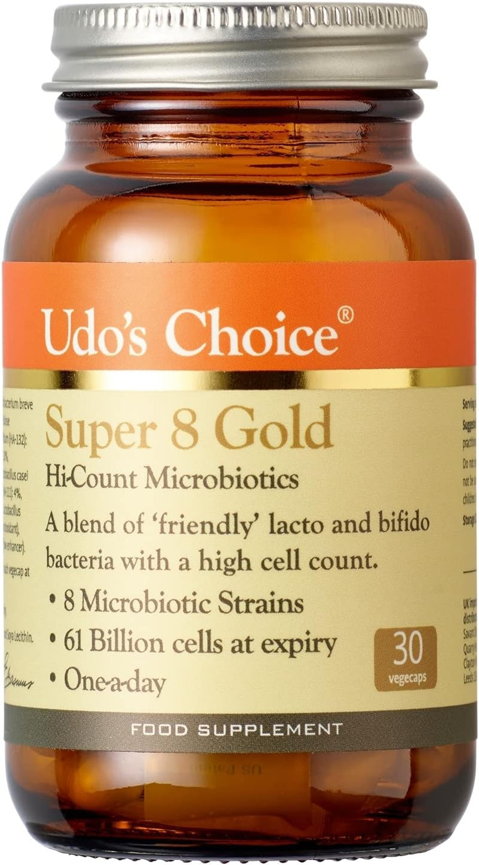 Udo'S Choice Super 8 Gold Hi Count Microbiotics - 102 Billion Cell Count - 8 Microbiotic Strains - High Percentage & Concentration Of Bifido Strains - 30 Vegicaps - One A Day