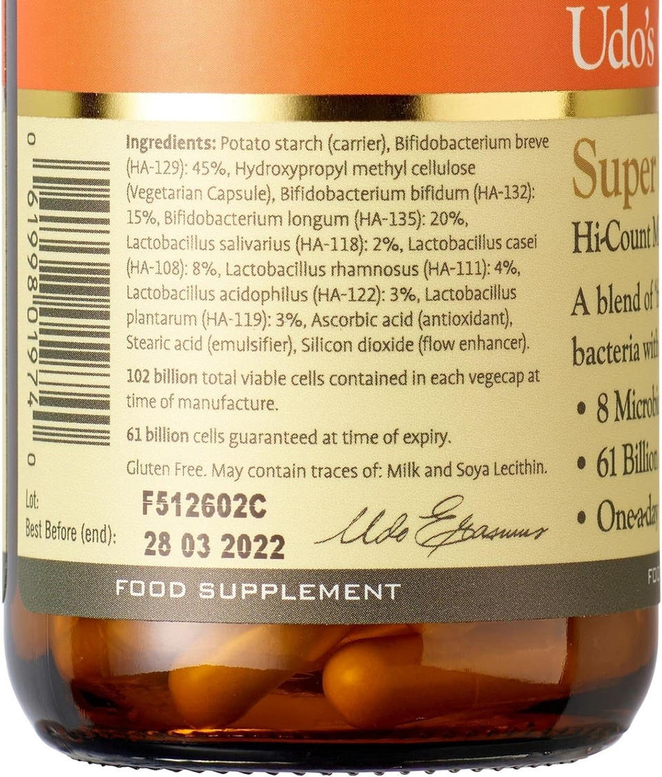 Udo'S Choice Super 8 Gold Hi Count Microbiotics - 102 Billion Cell Count - 8 Microbiotic Strains - High Percentage & Concentration Of Bifido Strains - 30 Vegicaps - One A Day