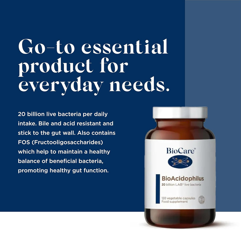 Biocare Bioacidophilus | 20 Billion Lab4 Live Bacteria | Food Supplement Suitable For Vegetarians And Vegans - 120 Capsules

Size: 120 Count (Pack Of 1)