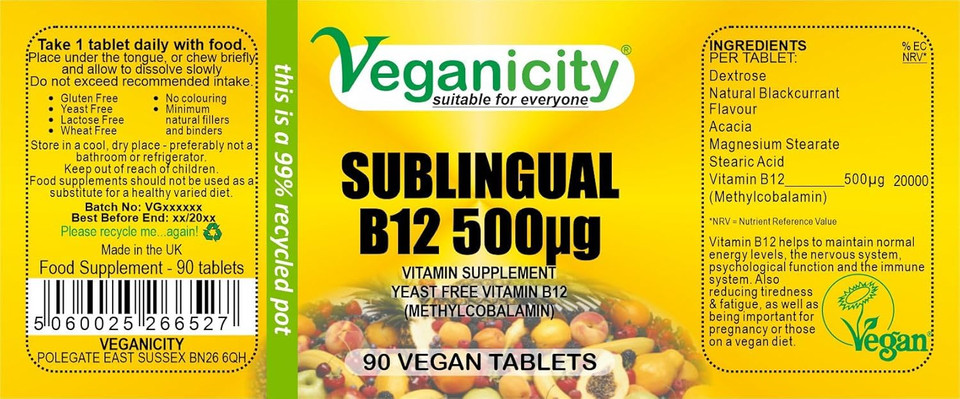 Veganicity B12 500µg Sublingual (Blackcurrant Flavour) : Vitamin B12 Supplement : 90 Tablets, in a Planet-Friendly 99% Recycled Pot