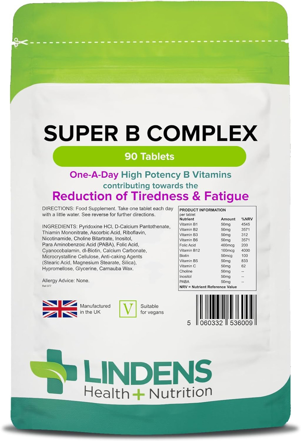 Lindens Super B Complex Vitamin Tablets - 90 Pack - With A Full Spectrum Of B Vitamins And Vitamin C - Reduces Tiredness And Fatigue - Uk Manufacturer, Letterbox Friendly