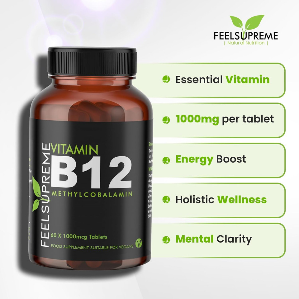 Vitamin B12 60 x 1000mcg Tablets - High Strength Supplement - Pure Methylcobalamin - Brain Function, Immune System, & Energy Support  for Men & Women - Made in The UK