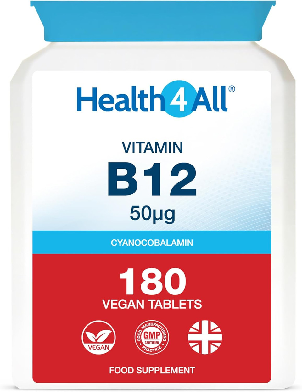 Vitamin B12 Cyanocobalamin 50mcg 180 Tablets (V) Tablets (not Capsules) Vegan. Made in The UK by Health4All