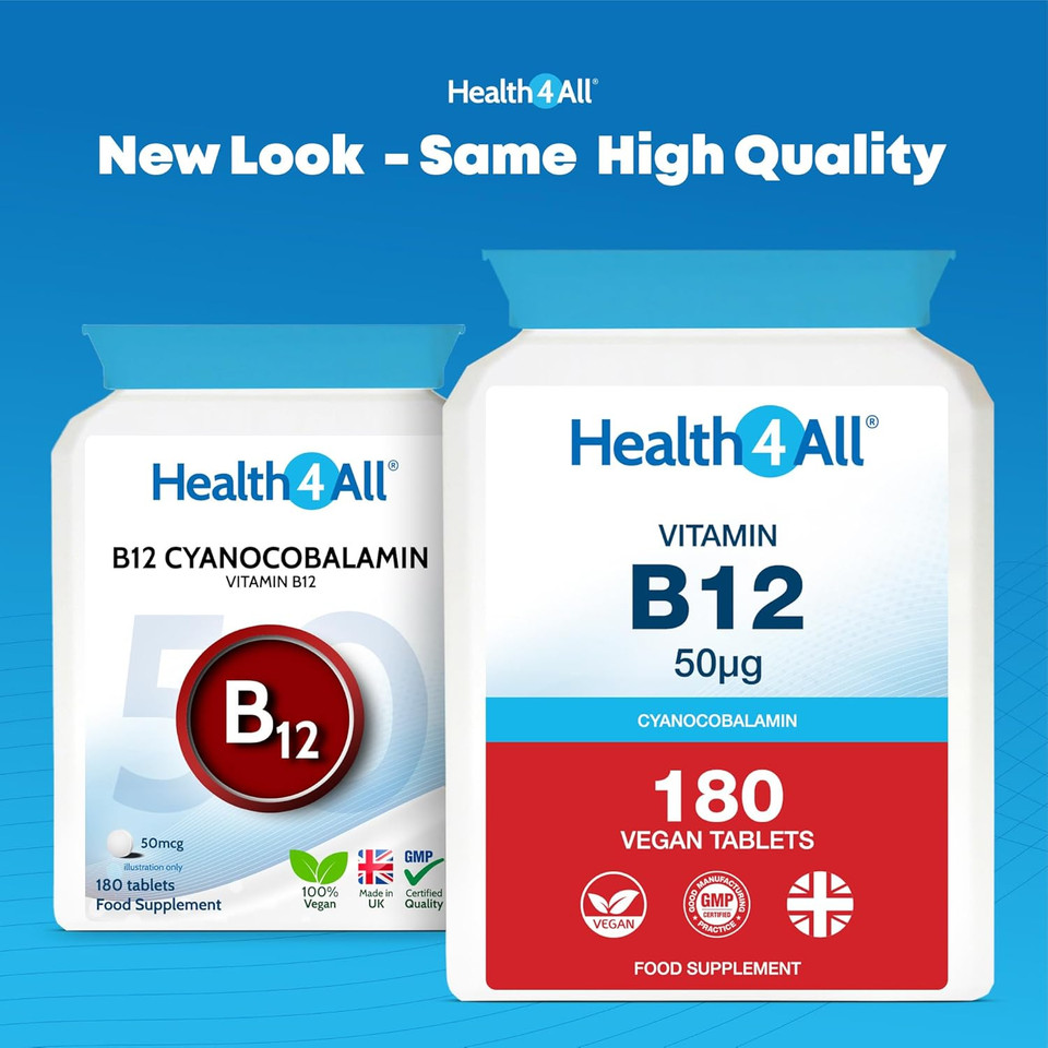 Vitamin B12 Cyanocobalamin 50mcg 180 Tablets (V) Tablets (not Capsules) Vegan. Made in The UK by Health4All