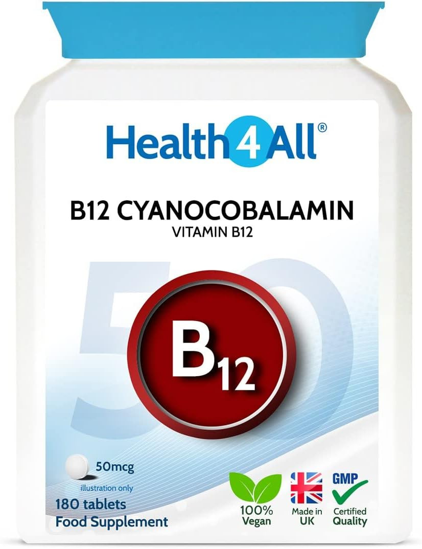 Vitamin B12 Cyanocobalamin 50mcg 180 Tablets (V) Tablets (not Capsules) Vegan. Made in The UK by Health4All