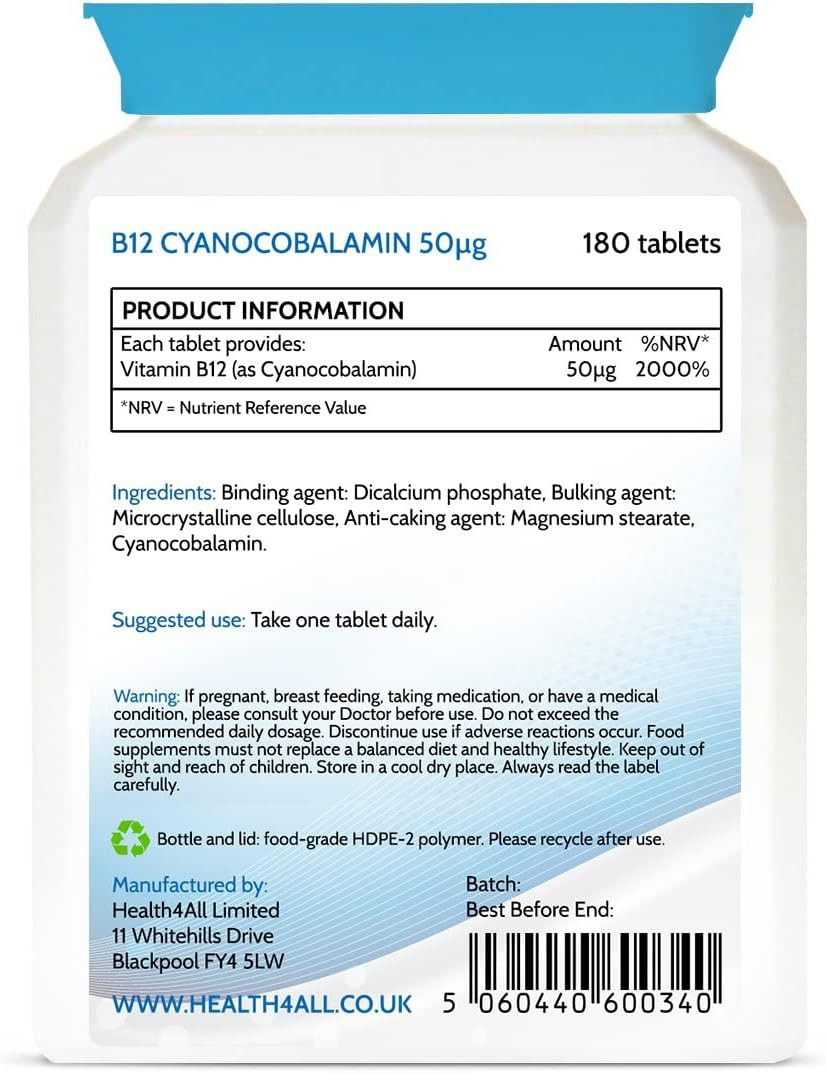 Vitamin B12 Cyanocobalamin 50mcg 180 Tablets (V) Tablets (not Capsules) Vegan. Made in The UK by Health4All