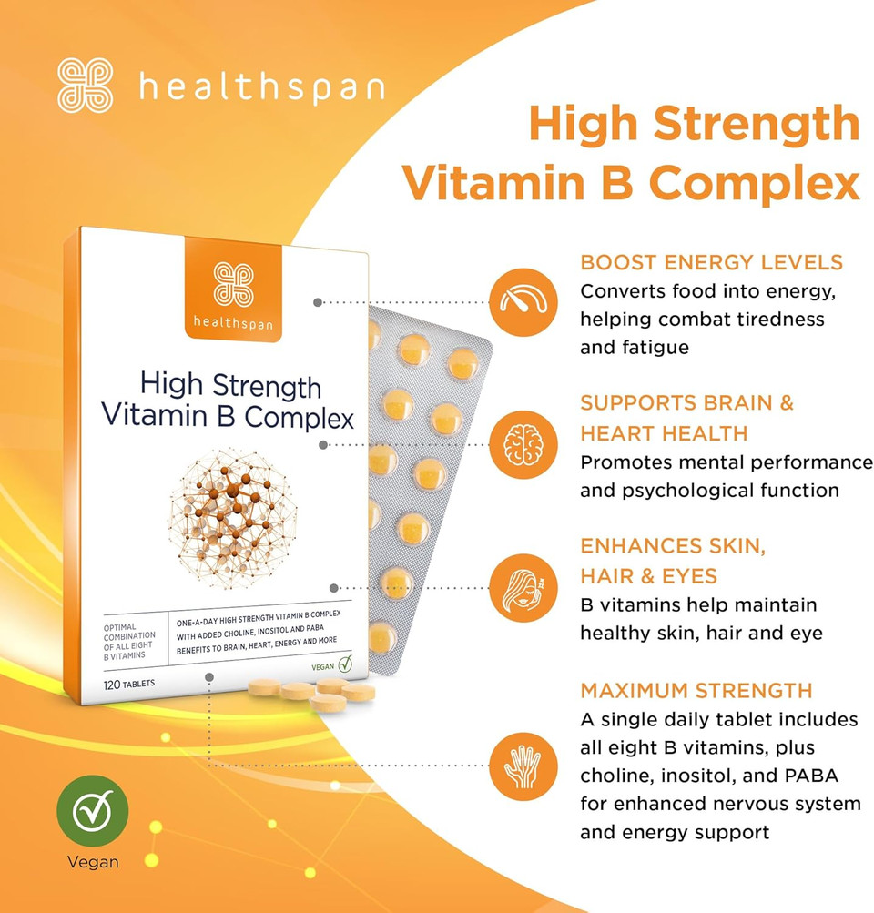 Healthspan High Strength Vitamin B Complex (120 Tablets) | High Levels of All 8 B-Complex Vitamins | Supports Brain & Heart Health | Immune Health | Reduces Tiredness & Fatigue | with Choline | Vegan