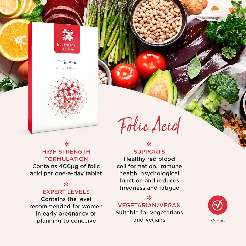 Healthspan Folic Acid 400G | 360 Tablets | Women'S Health | Vitamin B9 | High Strength Formulation | Early Pregnancy | Planning To Conceive | Vegan
