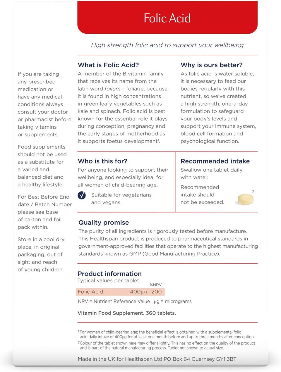 Healthspan Folic Acid 400G | 360 Tablets | Women'S Health | Vitamin B9 | High Strength Formulation | Early Pregnancy | Planning To Conceive | Vegan