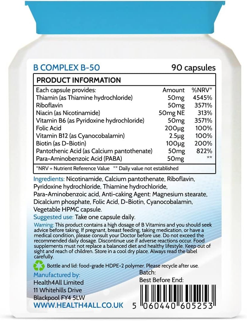 Vitamin B Complex B-50 90 Capsules (V) (Not Tablets) High Potency Vegan B-Complex With Paba. Made In The Uk By Health4All