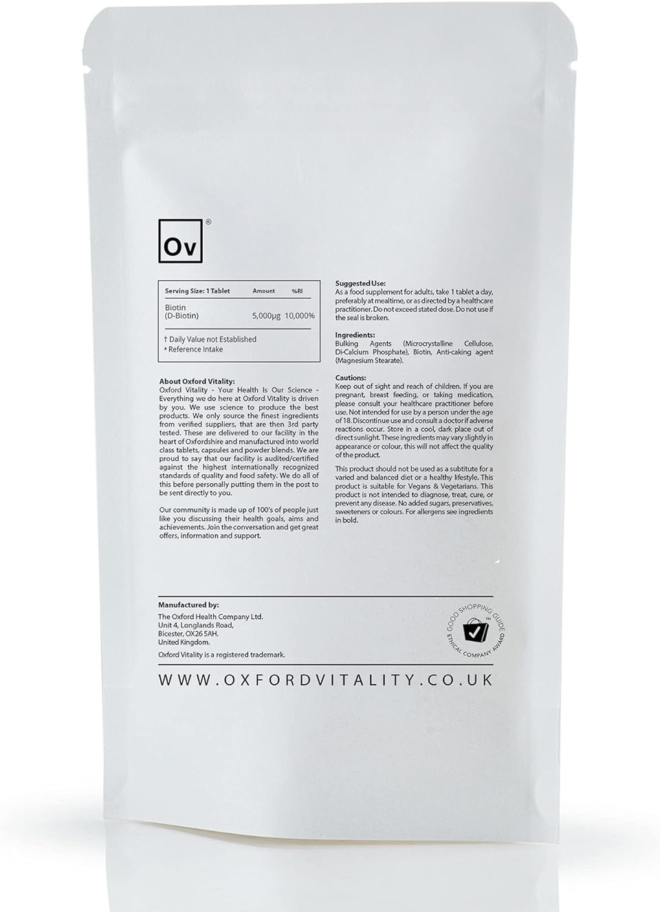 Biotin Tablets 5000Mcg | High Strength Supplement | Skin, Hair & Metabolism Support | Vegetarian And Vegan | Oxford Vitality