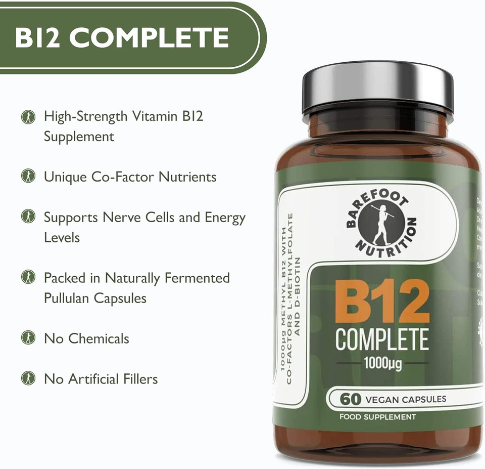 Barefoot Nutrition - B12 Complete, High Strength Supplement, Methylated B 12 (1000µg) - with Cofactors Methyl folate (400µg) & D-Biotin (400µg) - 60 x 1 A Day Vegan-Friendly Capsules