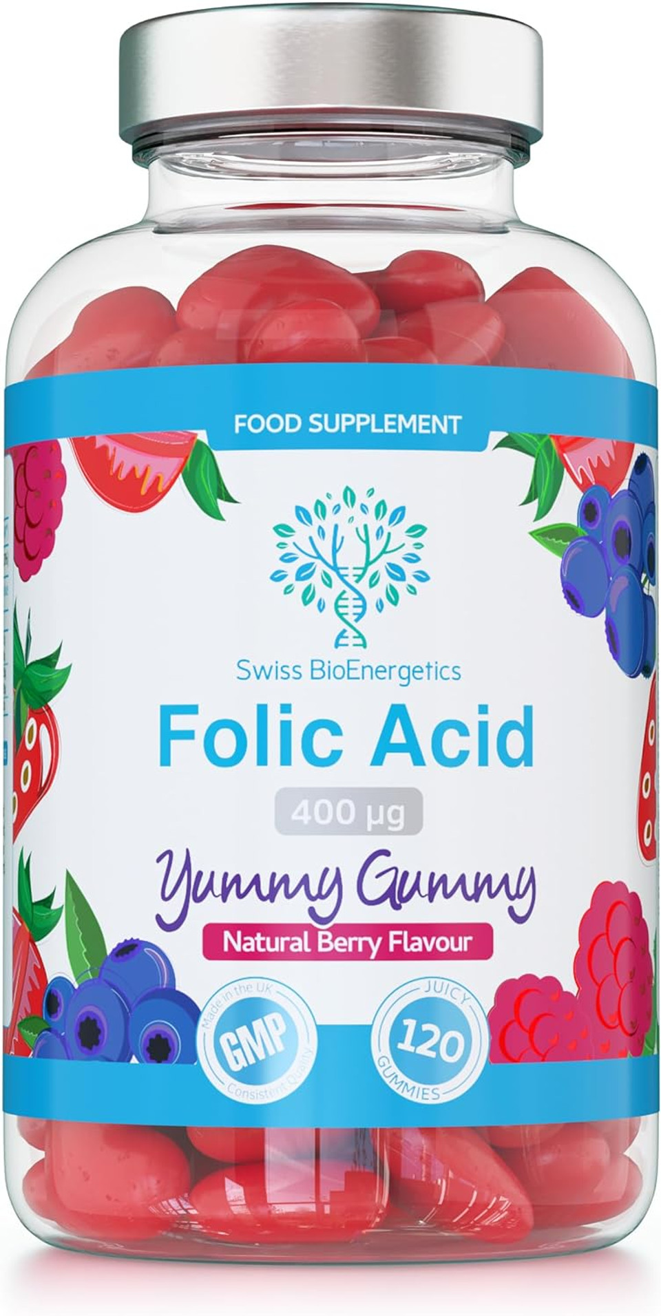 Folic Acid Gummies - 400G, 120 Natural Berry Flavoured & Vegan Gummies - High Strength Vitamin B9 Folic Acid Pregnancy Support Prenatal Vitamin - No Artificial Sweeteners Or Flavours  Uk Made