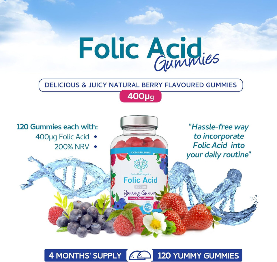 Folic Acid Gummies - 400G, 120 Natural Berry Flavoured & Vegan Gummies - High Strength Vitamin B9 Folic Acid Pregnancy Support Prenatal Vitamin - No Artificial Sweeteners Or Flavours  Uk Made
