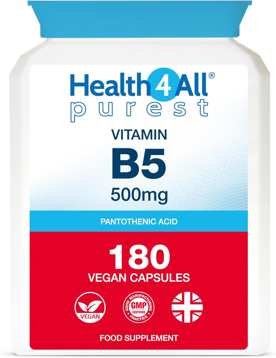 Vitamin B5 Pantothenic Acid 500mg 180 Capsules (V) (not Tablets) Purest: No Additives, Vegan. Made in The UK by Health4All