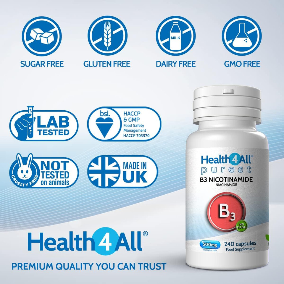 Vitamin B3 Nicotinamide (Niacinamide) 500Mg 240 Capsules (V) Vegan. No-Flush Niacinamide. Made In The Uk By Health4All