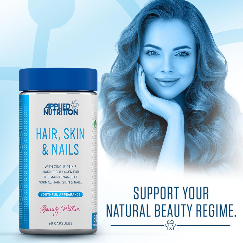 Applied Nutrition Hair, Skin, Nails - Biotin & Marine Collagen For Healthy Hair Growth, Skin & Nails Supplement With 10000 Mcg Biotin (60 Capsules - 30 Servings)