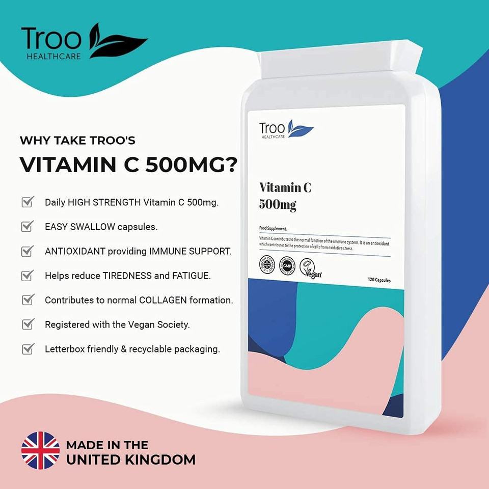 Vitamin C 500Mg Supplement 120 Capsules - High Strength - Easy Swallow - Immune Support Reduces Fatigue Vitamin C 500Mg Supplement 120 Capsules - High Strength - Easy Swallow - Immune Support Reduces Fatigue