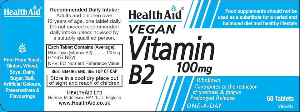 HealthAid Vitamin B2 (Riboflavin) 100mg - Prolong Release - 60 Tablets