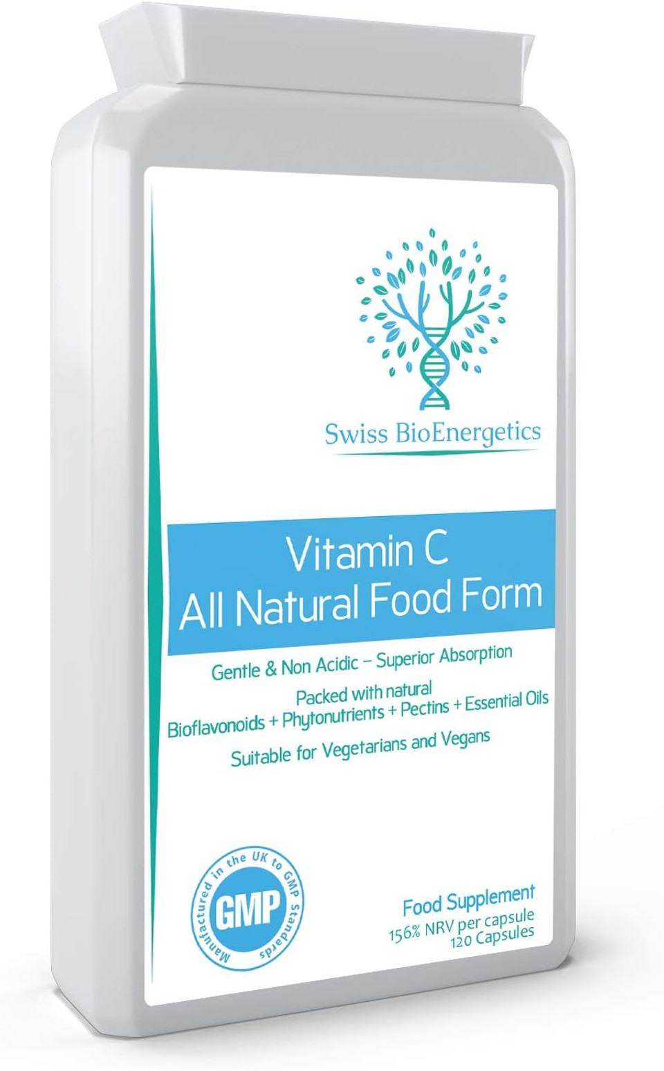 Natural Vitamin C 120 Capsules  Optimum Absorption All-Natural Food Form - Gentle & Non-Acidic - Packed With Bioflavonoids, Pectins, Essential Oils & Phytonutrients - No Synthetic Ascorbic Acid