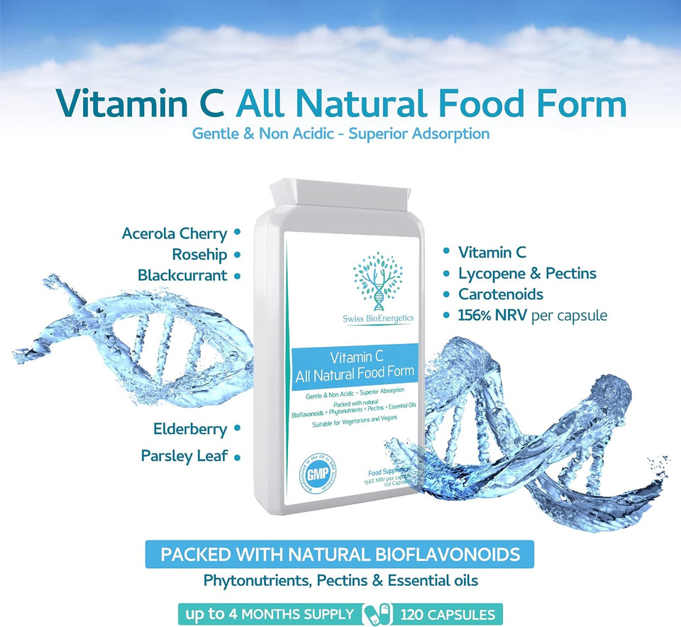 Natural Vitamin C 120 Capsules  Optimum Absorption All-Natural Food Form - Gentle & Non-Acidic - Packed With Bioflavonoids, Pectins, Essential Oils & Phytonutrients - No Synthetic Ascorbic Acid