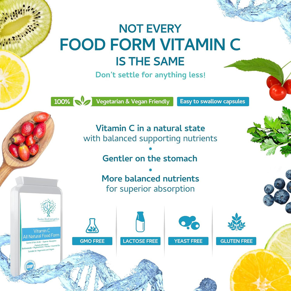 Natural Vitamin C 120 Capsules  Optimum Absorption All-Natural Food Form - Gentle & Non-Acidic - Packed With Bioflavonoids, Pectins, Essential Oils & Phytonutrients - No Synthetic Ascorbic Acid