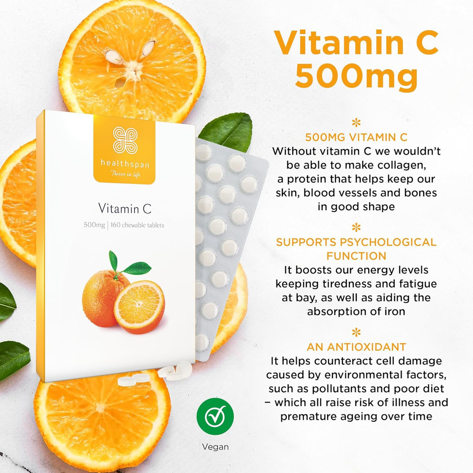 Healthspan Vitamin C 500mg (160 Chewable Tablets) | Supports Immune & Nervous Systems | Boosts Energy Levels & Psychological Function | Added Natural Citrus Bioflavonoids | Free of Aspartame | Vegan
