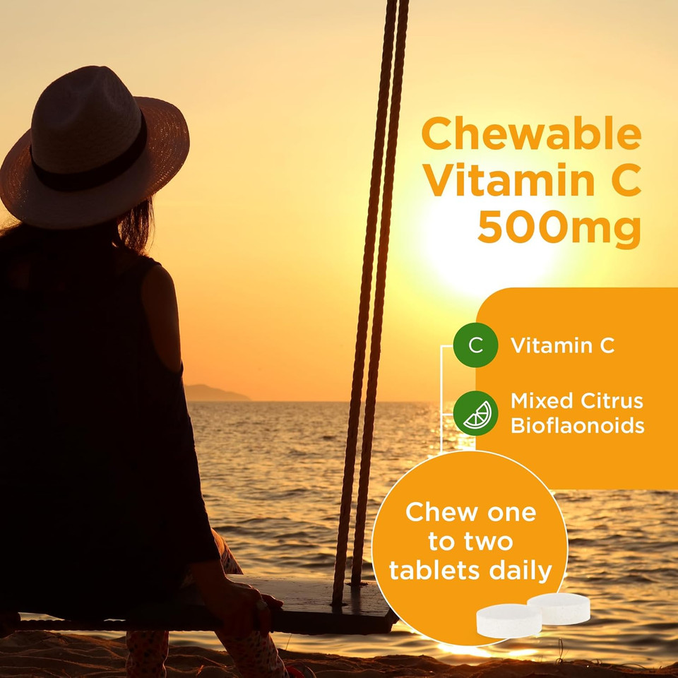 Healthspan Vitamin C 500mg (160 Chewable Tablets) | Supports Immune & Nervous Systems | Boosts Energy Levels & Psychological Function | Added Natural Citrus Bioflavonoids | Free of Aspartame | Vegan