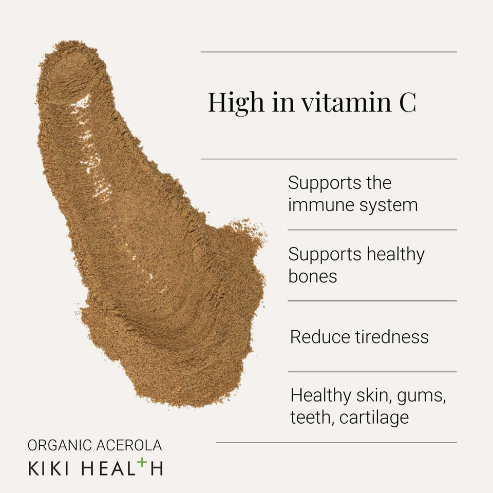 KIKI Health Organic Acerola Powder | High Vitamin C Content, Potent Antioxidant, Immune System Boost, Skin & Bones Support, Versatile & Easy to Use | Barbados Cherry Powder for Natural Wellness -100 g