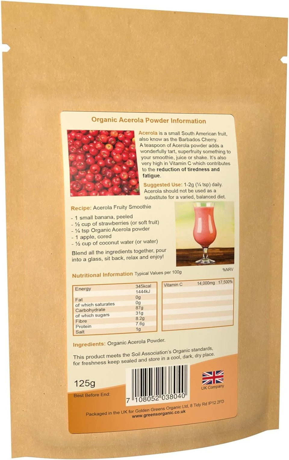 Golden Greens Organic Freeze-Dried Acerola Powder 125g
