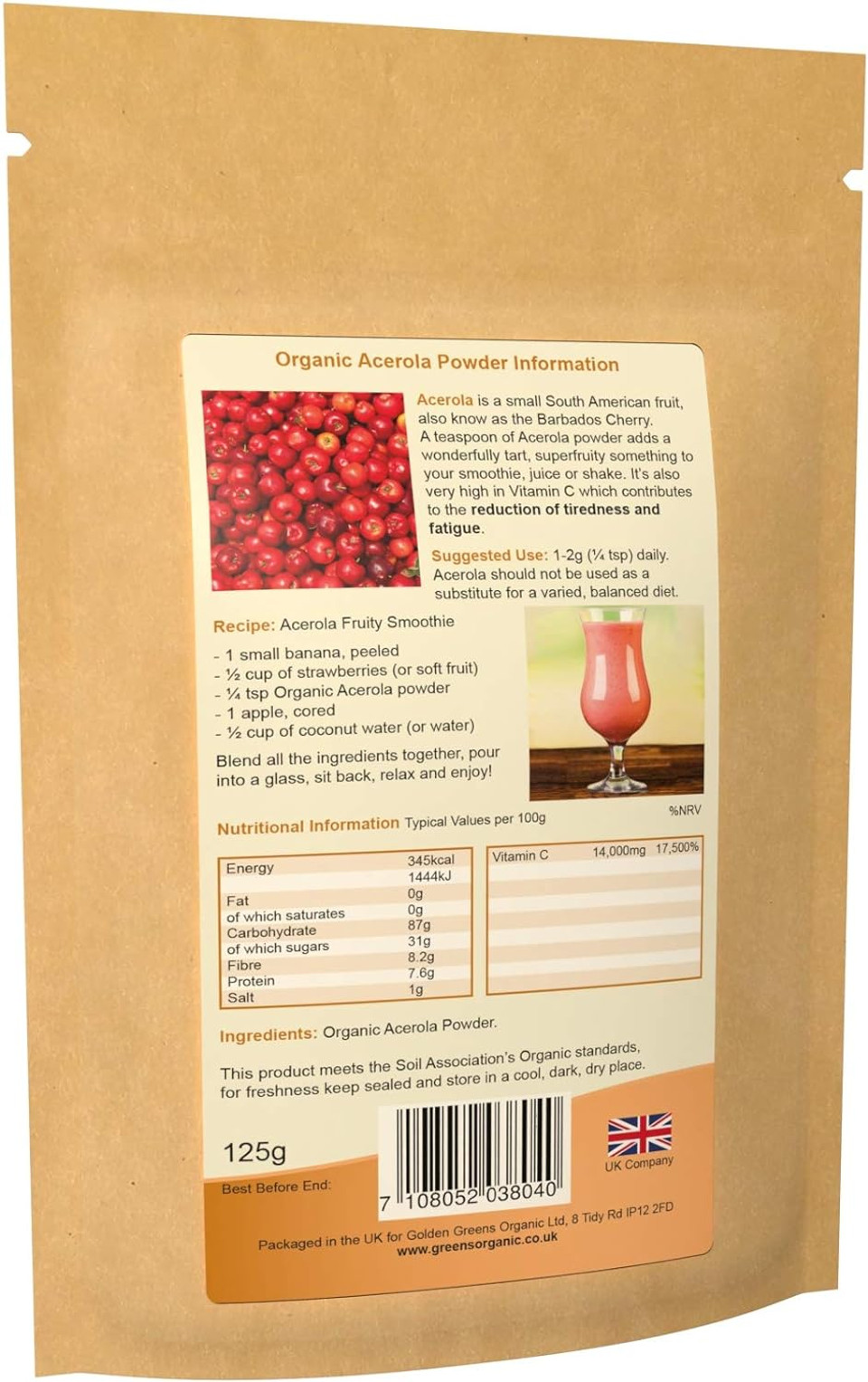 Golden Greens Organic Freeze-Dried Acerola Powder 125g