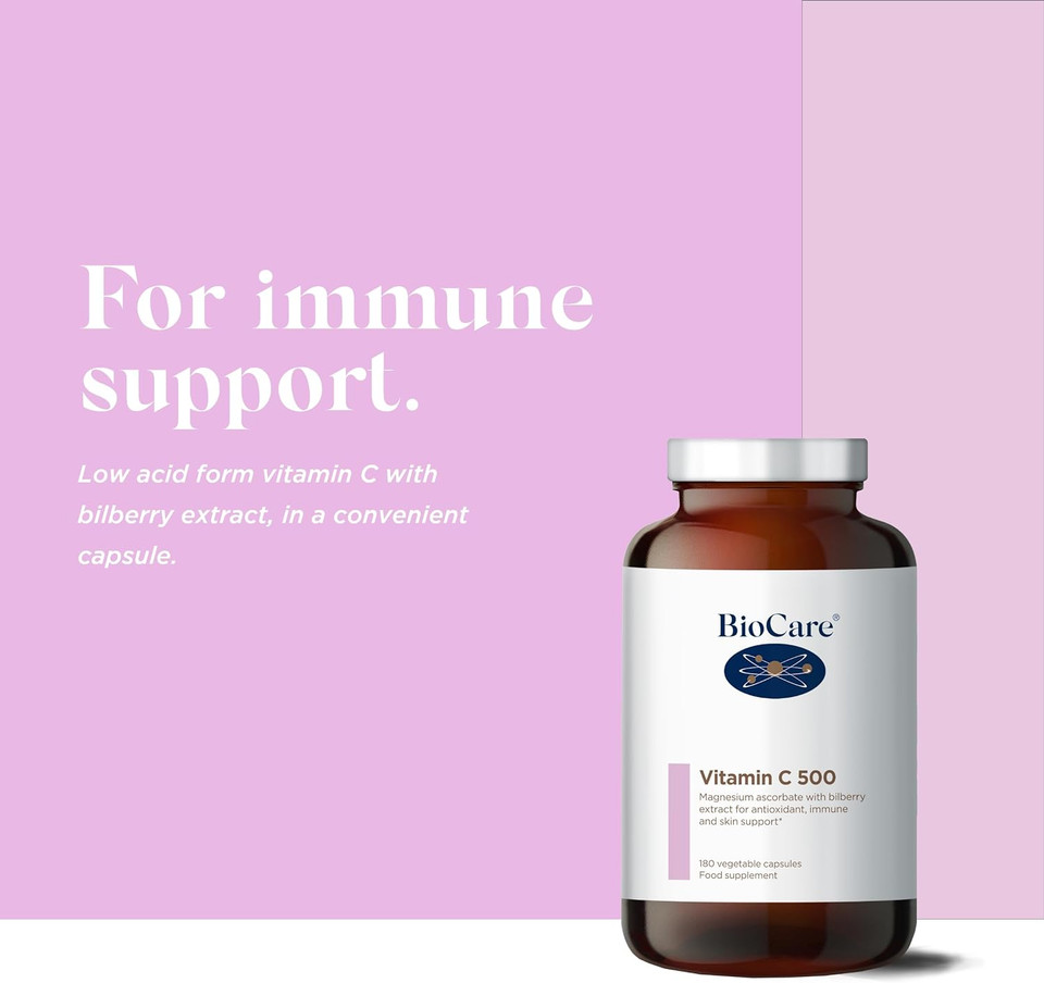 Biocare Vitamin C 500 | With Magnesium And Bilberry Extract | For Immune Support, Healthy Skin And Collagen And Energy Production - 180 Capsules, 60 Days' Supply