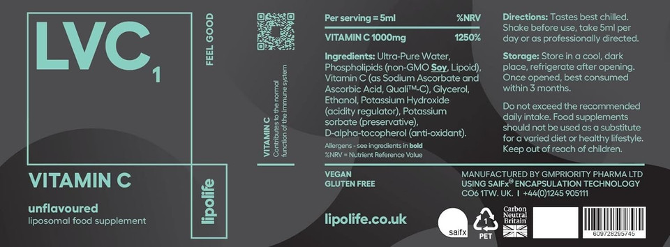 Lvc1 Liposomal Vitamin C - Lipolife - 2 X 240Ml, 100 Servings Of 1G Vitamin C. Formulated With Quali-C And Sunflower Phospholipids