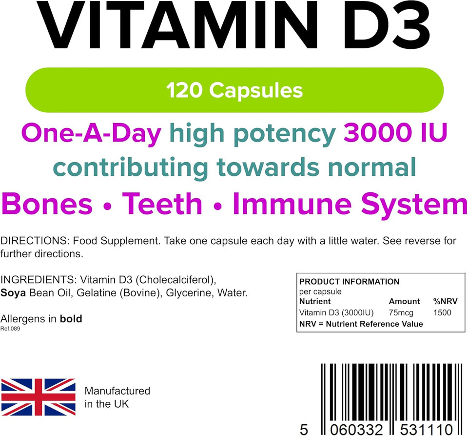 Lindens Vitamin D3 3000IU - 120 Capsules - High-Potency - 1500% NRV - Contributes to Normal Bones, Teeth & Immune System - 4 Months Supply - GMP & Letterbox Friendly - UK Made Lindens Vitamin D3 3000IU - 120 Capsules - High-Potency - 1500% NRV - Contributes to Normal Bones, Teeth & Immune System - 4 Months Supply - GMP & Letterbox Friendly - UK Made
