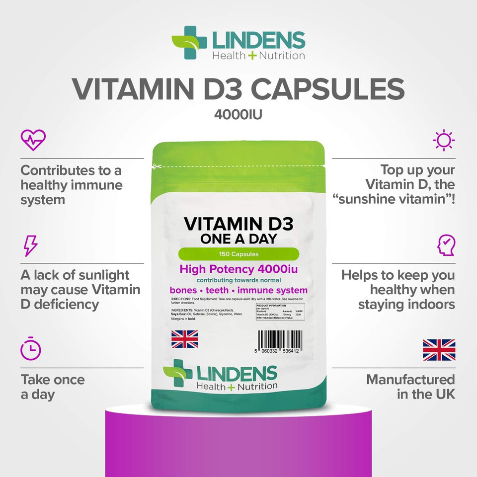 Lindens Vitamin D3 4000IU - 150 High Strength Capsules - Supports Healthy Immune System & Calcium Absorption - One-A-Day Capsule - 5 Month Supply - UK Manufacturer & Letterbox Friendly Lindens Vitamin D3 4000IU - 150 High Strength Capsules - Supports Healthy Immune System & Calcium Absorption - One-A-Day Capsule - 5 Month Supply - UK Manufacturer & Letterbox Friendly