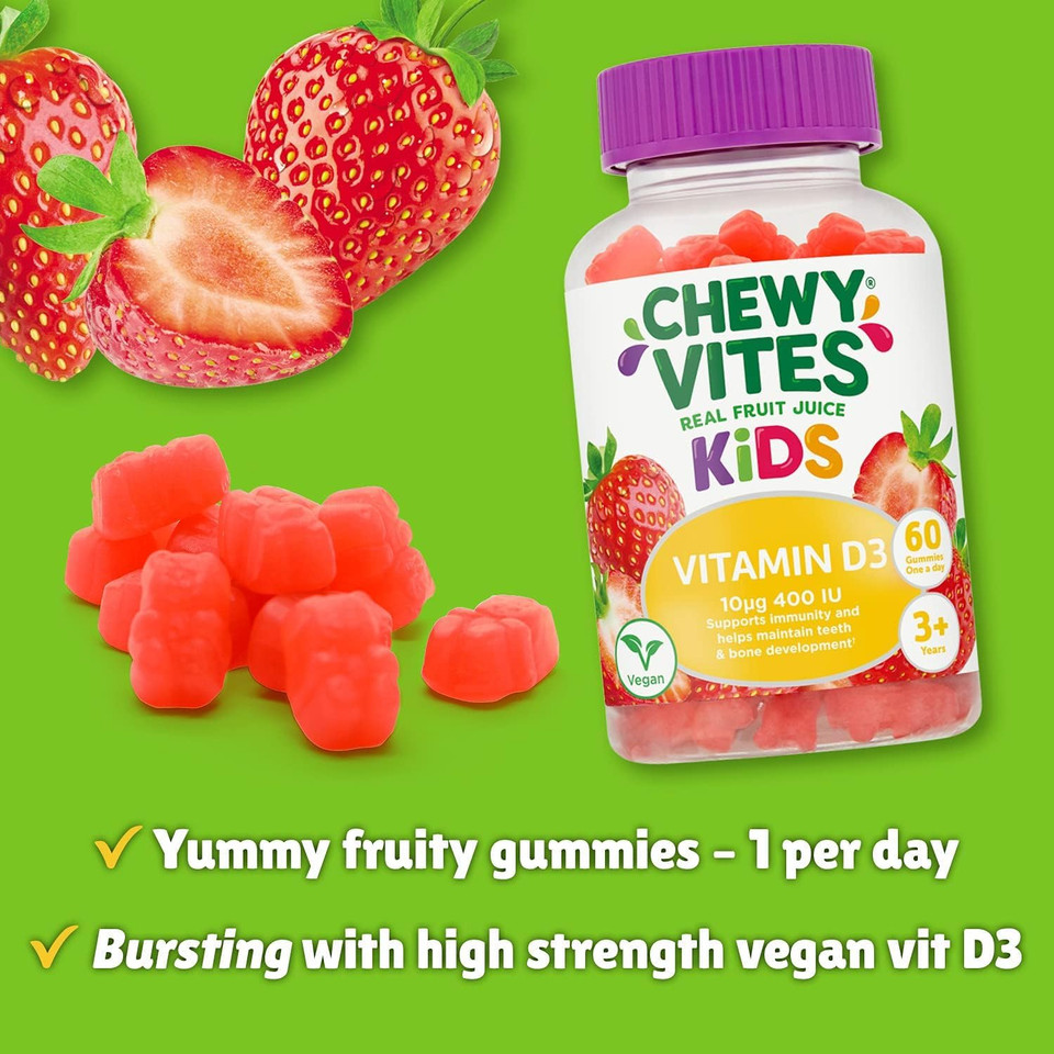 Chewy Vites Kids, High Strength Vit D3 60 Gummy Vitamins 10 Micrograms, 400 Iu | One-A-Day | 2 Months Supply | Delicious Taste | Vegan | Real Fruit Juice | 3 Years +

Size: 60 Count (Pack Of 1)