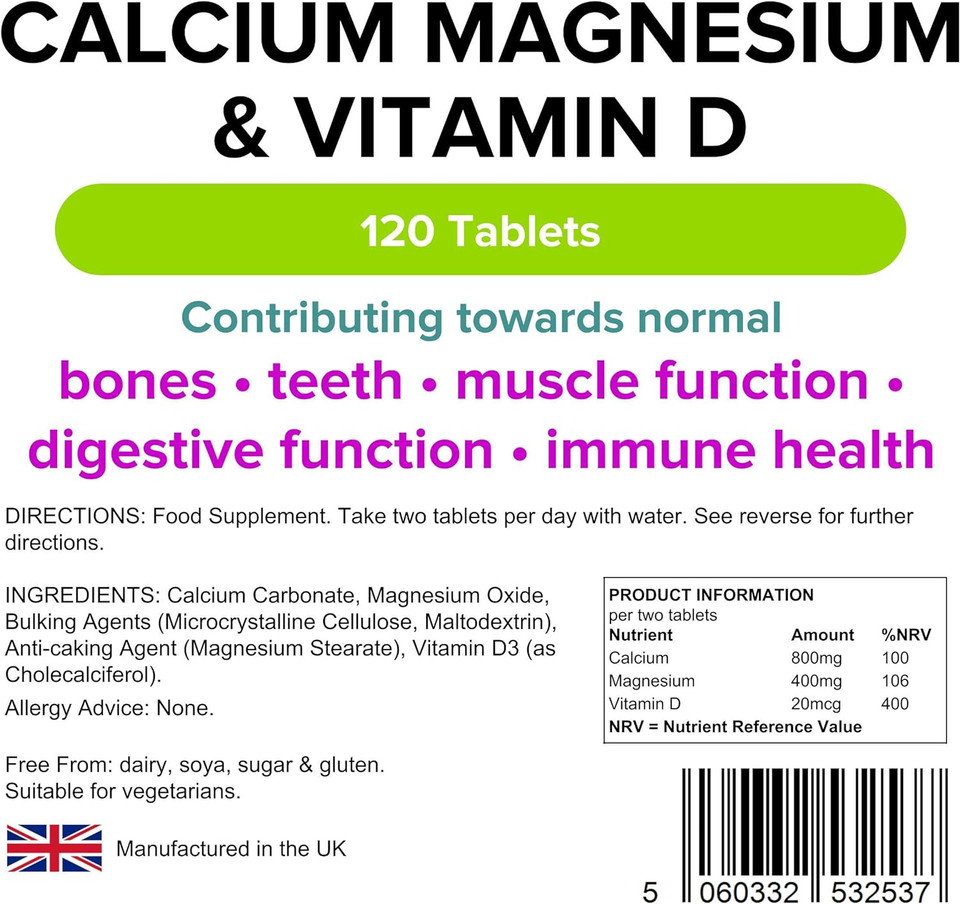 Lindens Calcium Magnesium & Vitamin D Tablets - 120 Pack - Contributes Towards Bone Health, Supports Normal Muscle Function, Healthy Teeth & General Immune Health - Uk Manufacturer, Letterbox Friendly