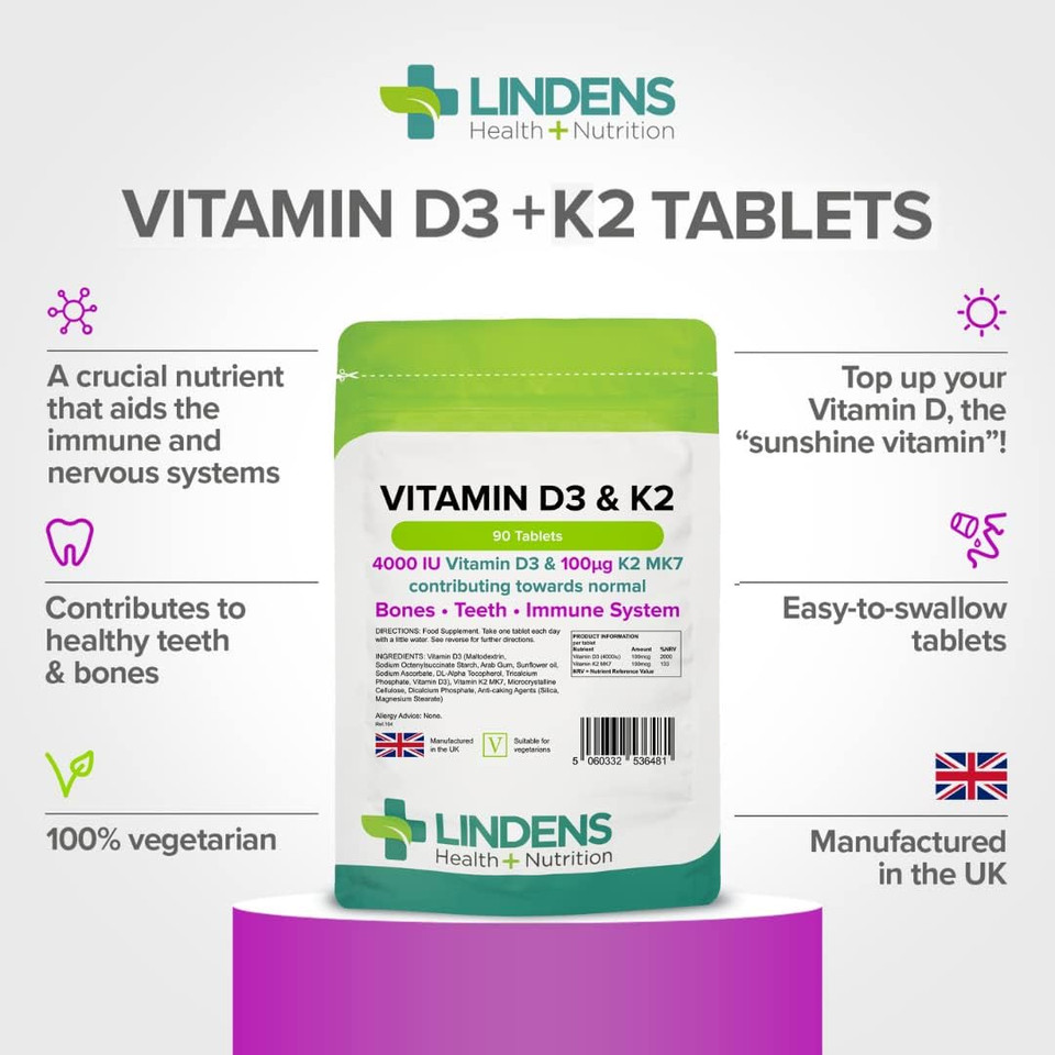 Lindens Vitamin D3 4000IU & MK7 K2 | 90 Tablets | UK Made | Immune Health, Bones, Teeth, Muscle, Blood Calcium Absorption | High Strength Vitamin D & K2 Supplement | 3 Months Supply | Vegetarian