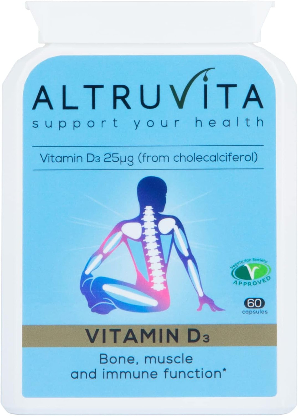 Altruvita Vitamin D3 from cholecalciferol | 25µg | 1000IU | 60 Days Supply | 500% of daily requirement | Bone, Muscle & Immune Support | 60 Capsules | Vegetarian Approved