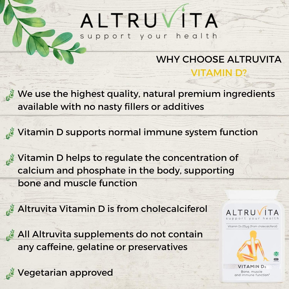 Altruvita Vitamin D3 from cholecalciferol | 25µg | 1000IU | 60 Days Supply | 500% of daily requirement | Bone, Muscle & Immune Support | 60 Capsules | Vegetarian Approved
