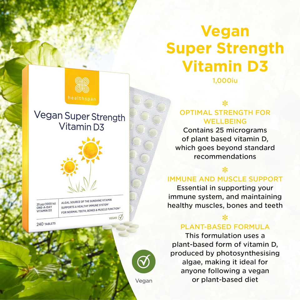 Healthspan Vegan Vitamin D3 1,000iu | 240 Tablets | Immune Support | 25ug Vitamin D | Healthy Muscles, Bones & Teeth | Vegan