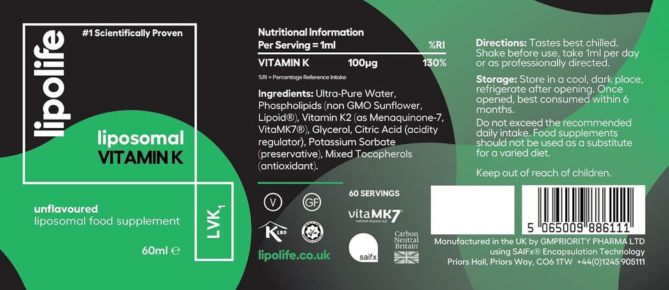 lipolife liposomal Vitamin K2 (MK-7: Menaquinone 7, a form of K2) LVK1 Vegan friendly, Unflavoured and Unsweetened 60 servings (Supports Cardiovascular and Bone Health)