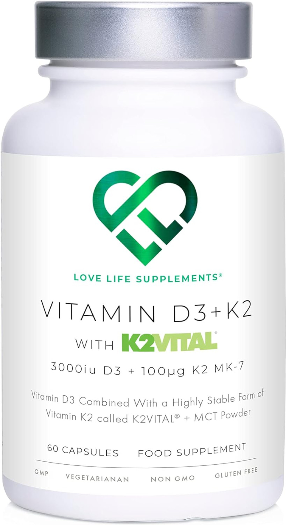 Vitamin D3 K2 And Mct Powder For Superior Absorption | Includes K2Vitalã¢Â® Mk-7 - A Premium Form Of K2 | 60 Capsules | 3000Iu D3 + 100G K2 | Love Life Supplements - Premium Uk Supplements