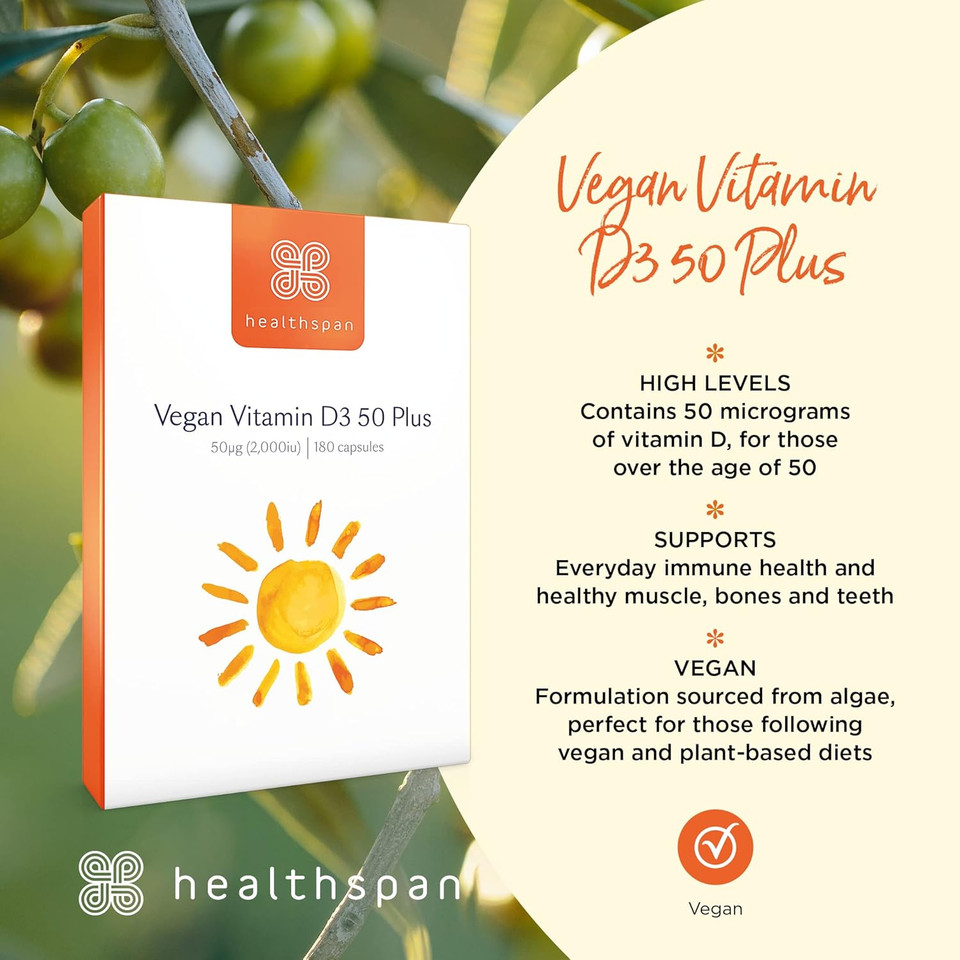 Healthspan Vegan Vitamin D3 50 Plus | 180 Capsules | 50 Micrograms of Vitamin D | Healthy Muscle, Bones & Teeth | Immune Support