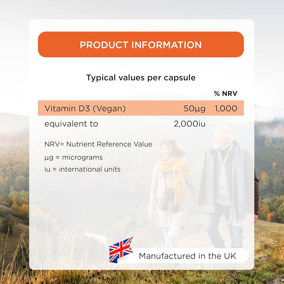 Healthspan Vegan Vitamin D3 50 Plus | 180 Capsules | 50 Micrograms of Vitamin D | Healthy Muscle, Bones & Teeth | Immune Support