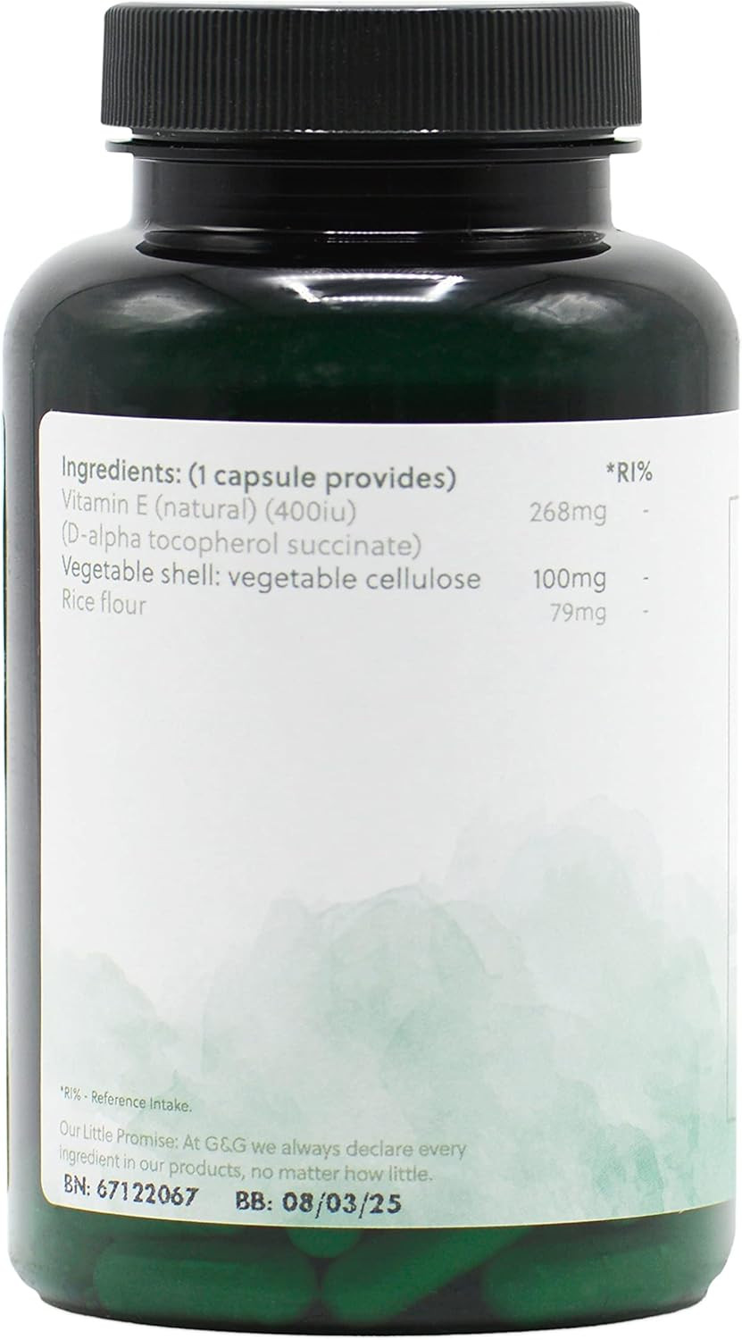 Vitamin E Capsules | 400iu (268mg) Vitamin E per Capsule | 120 Vegan Capsules | G&G Vitamins