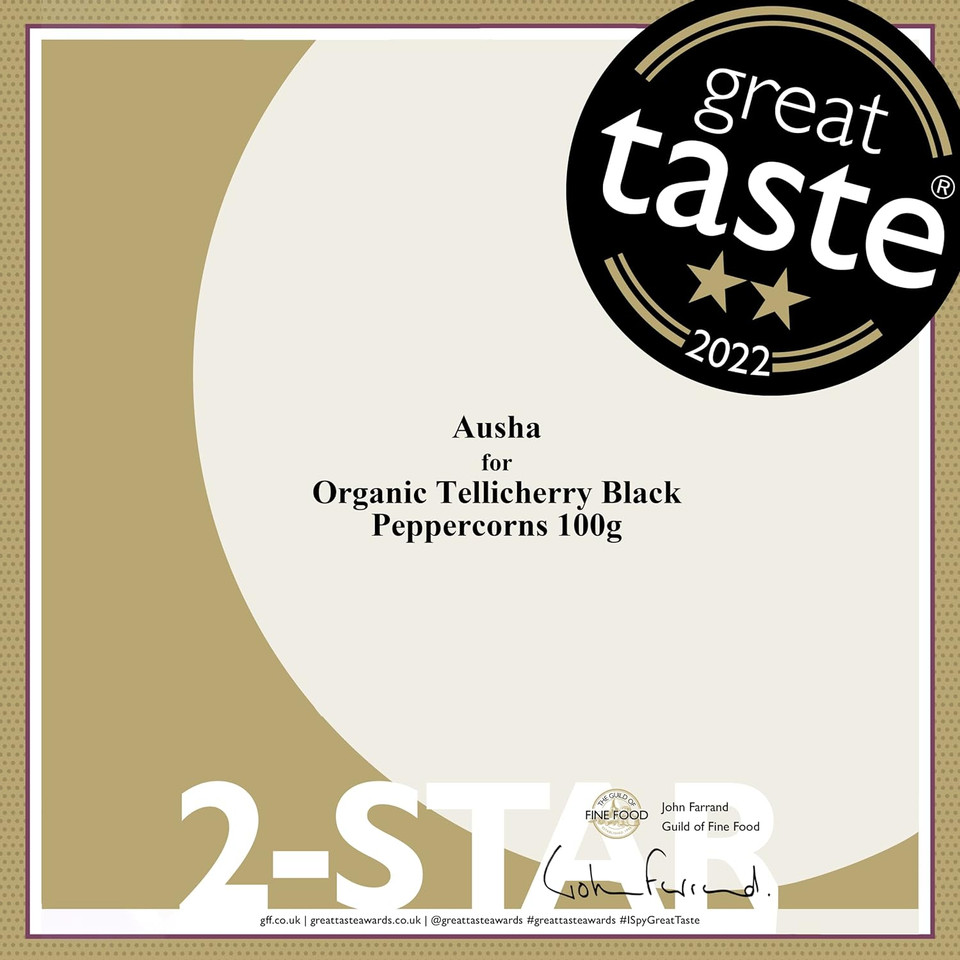 Ausha Organic Tellicherry Black Peppercorns 1Kg | Winner 2** Star Great Taste Award 2022 - Piperine 6% Double Strength Ausha Organic Tellicherry Black Peppercorns 1Kg | Winner 2** Star Great Taste Award 2022 - Piperine 6% Double Strength