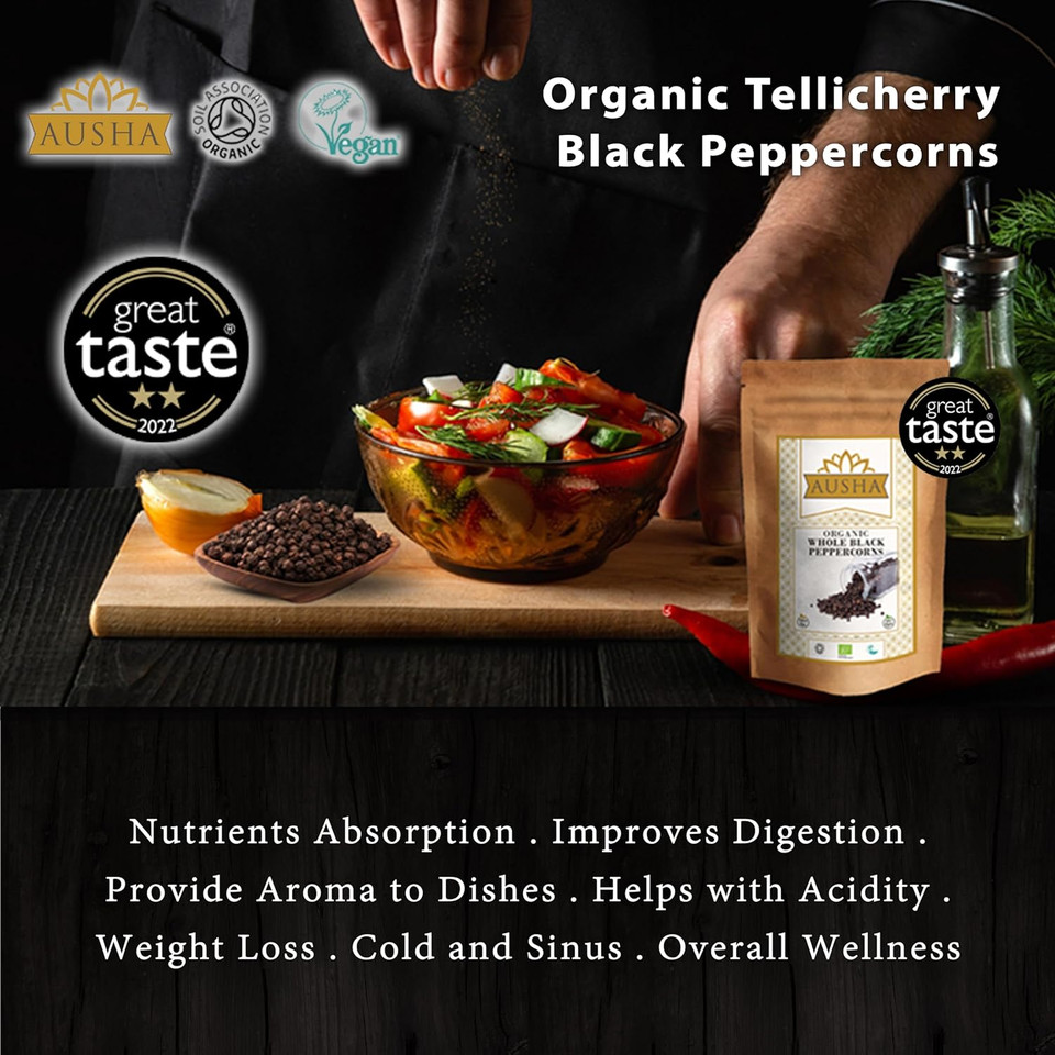 Ausha Organic Tellicherry Black Peppercorns 1Kg | Winner 2** Star Great Taste Award 2022 - Piperine 6% Double Strength Ausha Organic Tellicherry Black Peppercorns 1Kg | Winner 2** Star Great Taste Award 2022 - Piperine 6% Double Strength