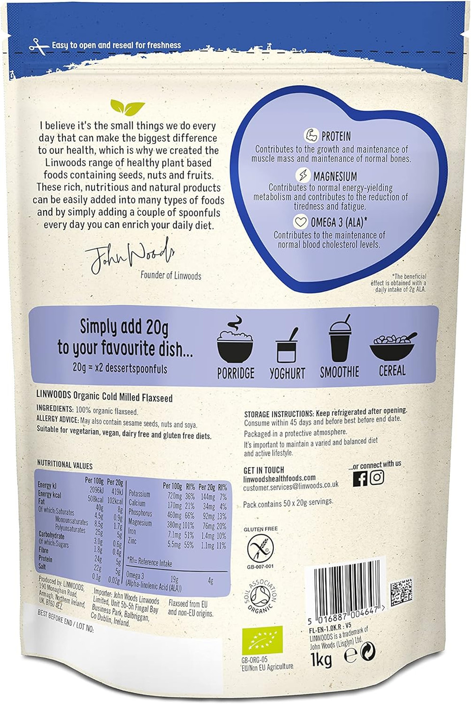 Linwoods Milled Organic Flaxseed 1Kg, High In Omega 3, High In Fibre, Source Of Protein, Growth And Maintenance Of Muscle Mass, Reduction Of Tiredness, Maintenance Of Normal Blood Cholesterol Levels