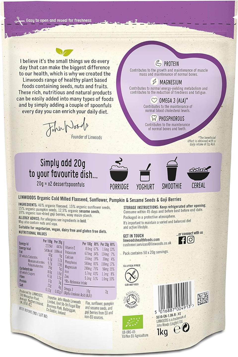 Linwoods Milled Flax, Sunflower, Pumpkin, Chia Seeds And Goji Berries 1Kg, High In Omega-3, Natural Source Of Fibre & Protein, Gluten-Free